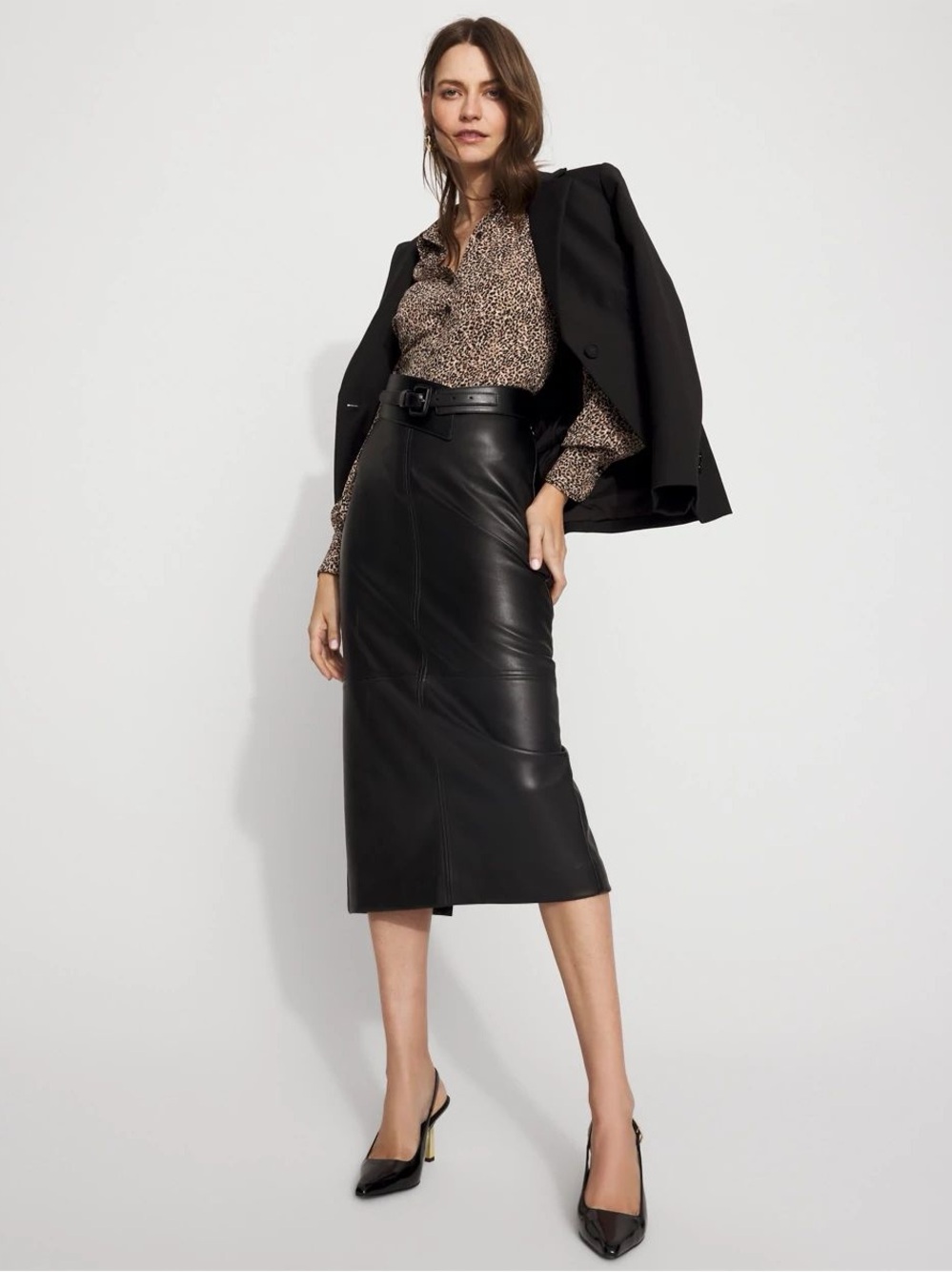 WHBM 12 Faux Leather Midi Pencil Skirt in Black • Classic Preppy Office Siren